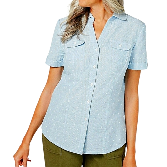 Camicia Karen Scott blu Chambray Swiss Dot manica corta con bottoni